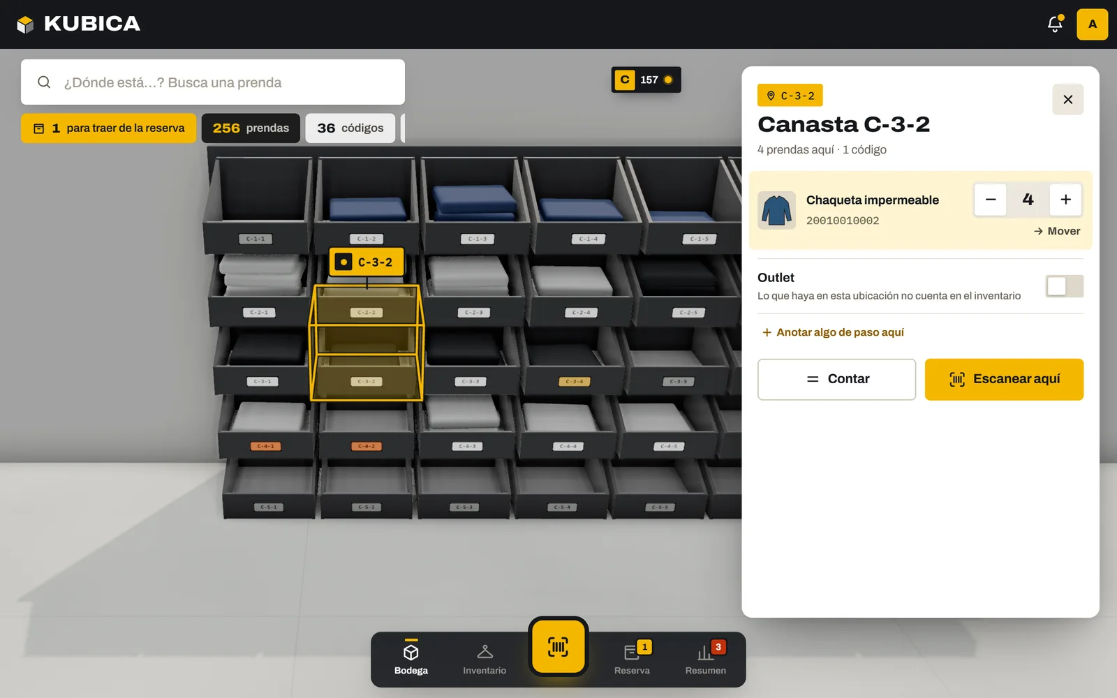 Pantalla de Kubica: la canasta C-3-2 iluminada en amarillo y, al lado, la chaqueta impermeable que hay adentro, con 4 unidades.