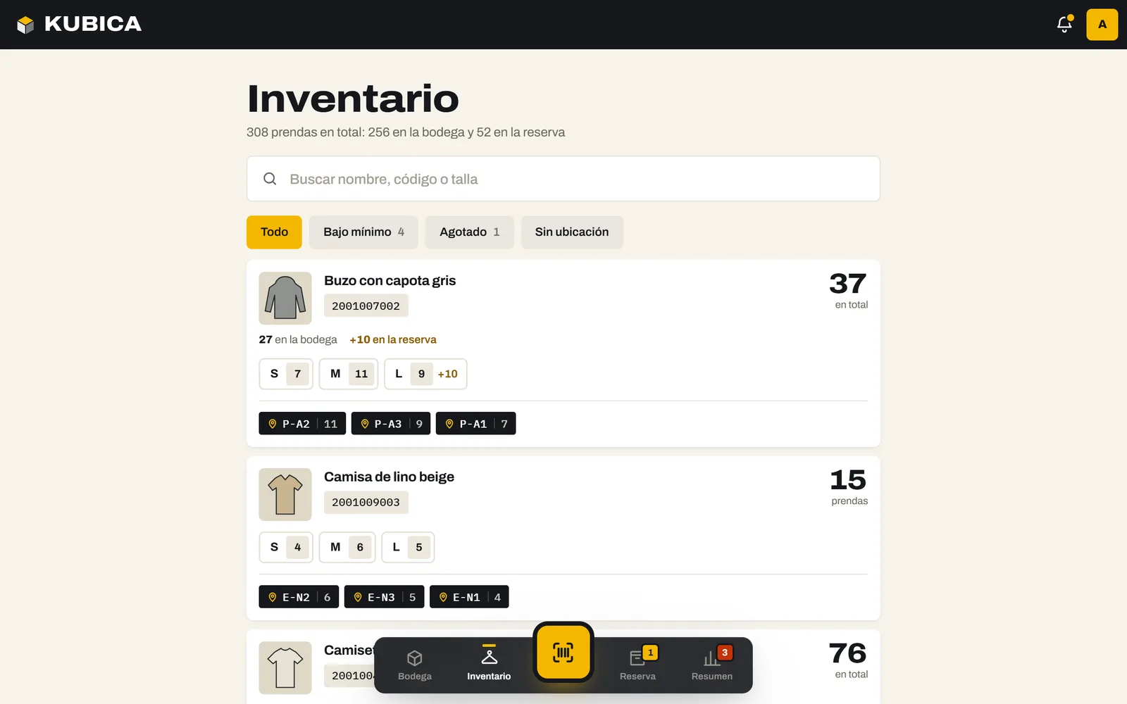Pantalla de Kubica: el inventario con cada referencia, sus tallas, cuántas hay en la bodega y en la reserva, y en qué ubicación está cada una.